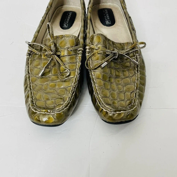 Sperry Top Sider Boat Loafer Leather Sz 7.5M Womens Croc Embossed Flats Green - Picture 3 of 12
